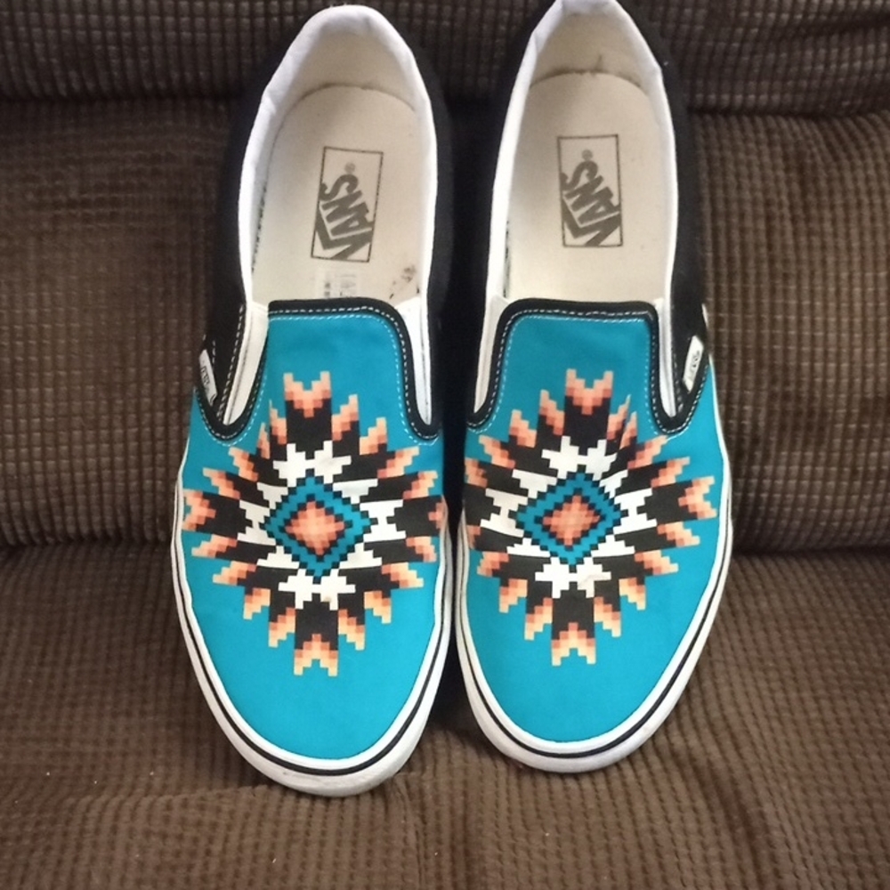 Vans Turquoise and Black Aztec Slip-Ons